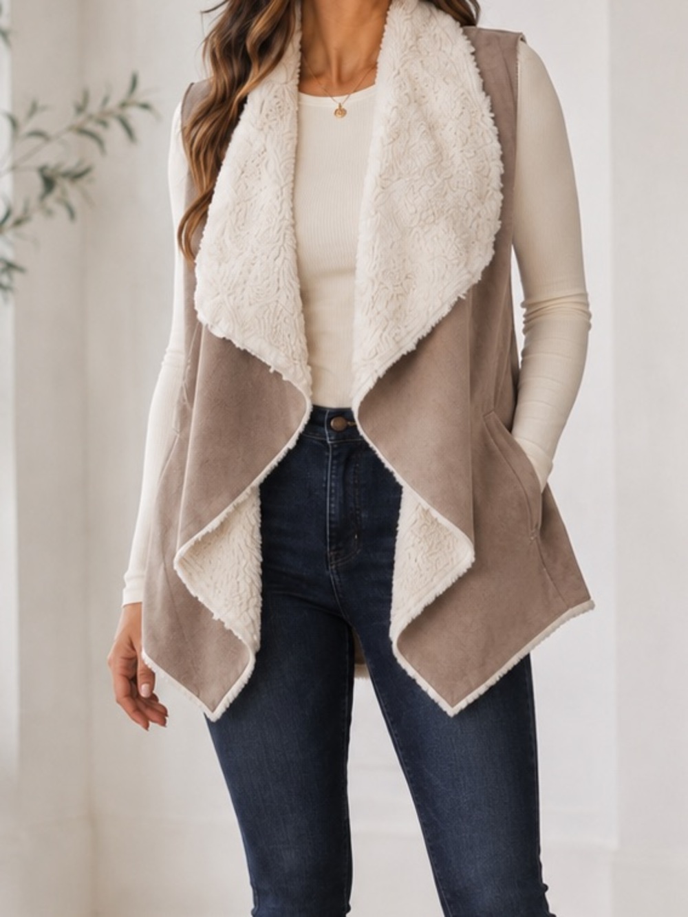 Altar'd State Taupe Faux-Shearling Draped Vest with Cream Lining
